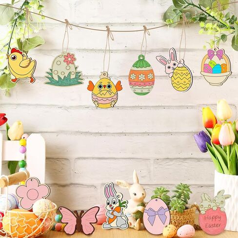 60 PCS Unfinished Easter Ornament Wood Crafts, 12 Styles DIY Unfinished Wood Crafts Kit with Strings, Colored Bells for Crafts Hanging Decorations, Egg Rabbit Bunny Butterfly Flower Hen Happy Easter in Saudi Arabia