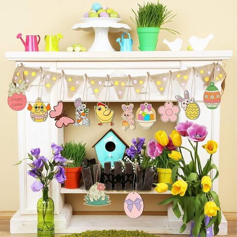 60 PCS Unfinished Easter Ornament Wood Crafts, 12 Styles DIY Unfinished Wood Crafts Kit with Strings, Colored Bells for Crafts Hanging Decorations, Egg Rabbit Bunny Butterfly Flower Hen Happy Easter in Saudi Arabia
