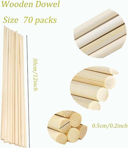 70 قطعة من قضبان الأوتاد الخشبية مقاس 1/5 × 12 بوصة، أعواد خشبية، أعواد الخيزران الطبيعية غير المكتملة للحرف اليدوية، قضبان الأوتاد للمشروعات اليدوية، دعم الكعك المتدرج in Kuwait