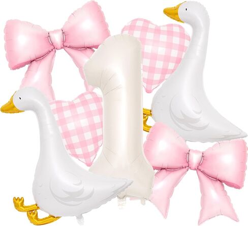 زينة حفلات عيد الميلاد الأول من Silly Goose - 7 قطع من بالونات الأوز ومجموعة القوس الوردي - بالون رقم 40 بوصة، بالونات على شكل قلب وردي لحفلة عيد الميلاد الأولى للفتيات الصغيرات in Saudi Arabia