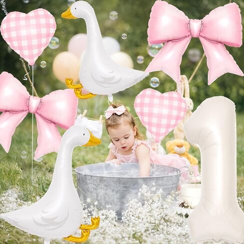 زينة حفلات عيد الميلاد الأول من Silly Goose - 7 قطع من بالونات الأوز ومجموعة القوس الوردي - بالون رقم 40 بوصة، بالونات على شكل قلب وردي لحفلة عيد الميلاد الأولى للفتيات الصغيرات in Saudi Arabia