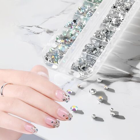 Flat Back Rhinestones of Round Crystal Rhinestones for Crafts Nail Clothes Shoes Bags DIY Art,12-Grid Mixed in Saudi Arabia