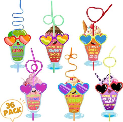 هدايا عيد الحب للأطفال، 36 حزمة من بطاقات عيد الحب مع مجموعة من القش المجنون القابل لإعادة الاستخدام - بطاقات تبادل عيد الحب للفتيات والأولاد والأطفال الصغار في الفصول الدراسية والحفلات المدرسية in Kuwait