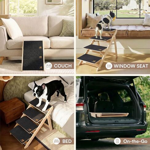 سلالم الكلاب الخشبية من لوسيفيا للكلاب الصغيرة 2 في 1 خطوات الكلب القابلة للطي للأسرة والسيارات والأريكة ومنحدر الحيوانات الأليفة المضاد للانزلاق مع 3 خطوات سلالم الحيوانات الأليفة الداخلية للقطط الأليفة المتوسطة والكبيرة الأكبر سنًا حتى 220 رطلاً in Kuwait