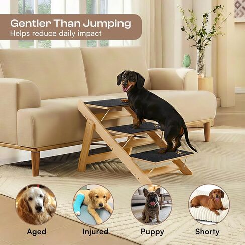 سلالم الكلاب الخشبية من لوسيفيا للكلاب الصغيرة 2 في 1 خطوات الكلب القابلة للطي للأسرة والسيارات والأريكة ومنحدر الحيوانات الأليفة المضاد للانزلاق مع 3 خطوات سلالم الحيوانات الأليفة الداخلية للقطط الأليفة المتوسطة والكبيرة الأكبر سنًا حتى 220 رطلاً in Kuwait