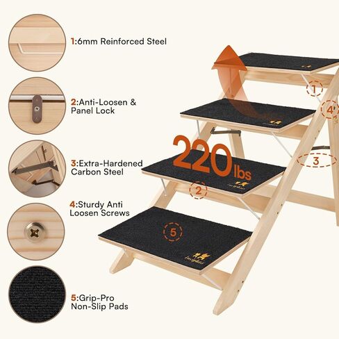 سلالم الكلاب الخشبية من لوسيفيا للكلاب الصغيرة 2 في 1 خطوات الكلب القابلة للطي للأسرة والسيارات والأريكة ومنحدر الحيوانات الأليفة المضاد للانزلاق مع 3 خطوات سلالم الحيوانات الأليفة الداخلية للقطط الأليفة المتوسطة والكبيرة الأكبر سنًا حتى 220 رطلاً in Kuwait