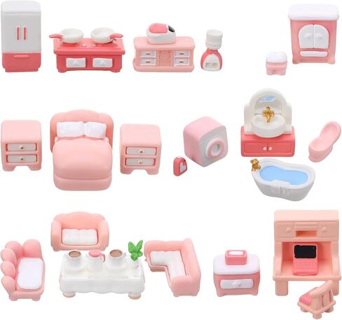 32 PCS Dollhouse Furniture Set, Pink Miniature Dollhouses Accessories Mini House Furnitures Included Dining Room Sitting Living Bedroom Bathroom Toys for Toddlers Children Girls in Saudi Arabia