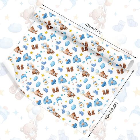 JarThenaAMCS Bear Baby Boy ورق التغليف - لفة صغيرة - 17 بوصة × 32.8 قدم ألوان مائية زرقاء بنية لطيفة بالون الدب حبل الغسيل ورق تغليف الهدايا لاستحمام الطفل وعيد الميلاد وكشف الجنس عن الحرف اليدوية اليدوية in Kuwait