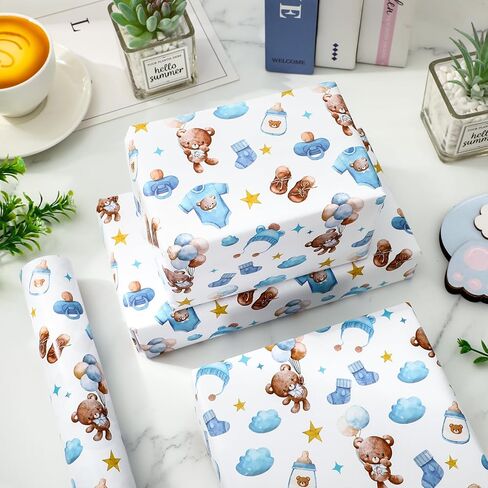JarThenaAMCS Bear Baby Boy ورق التغليف - لفة صغيرة - 17 بوصة × 32.8 قدم ألوان مائية زرقاء بنية لطيفة بالون الدب حبل الغسيل ورق تغليف الهدايا لاستحمام الطفل وعيد الميلاد وكشف الجنس عن الحرف اليدوية اليدوية in Kuwait