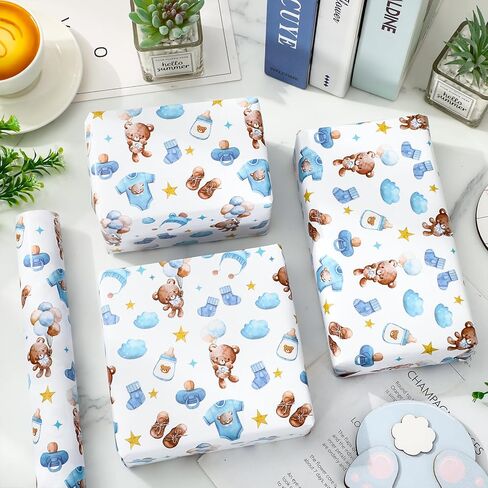 JarThenaAMCS Bear Baby Boy ورق التغليف - لفة صغيرة - 17 بوصة × 32.8 قدم ألوان مائية زرقاء بنية لطيفة بالون الدب حبل الغسيل ورق تغليف الهدايا لاستحمام الطفل وعيد الميلاد وكشف الجنس عن الحرف اليدوية اليدوية in Kuwait
