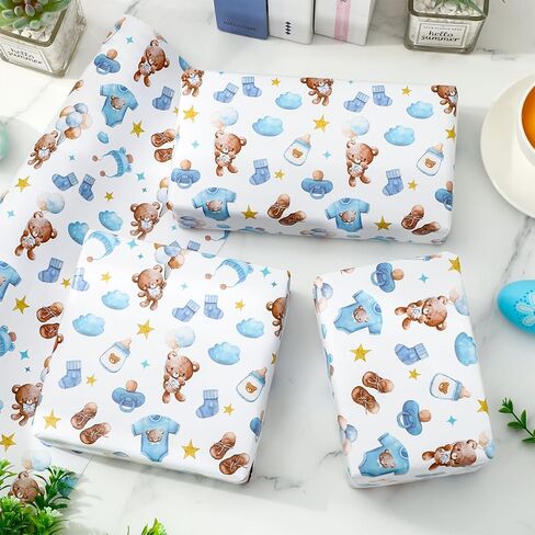 JarThenaAMCS Bear Baby Boy ورق التغليف - لفة صغيرة - 17 بوصة × 32.8 قدم ألوان مائية زرقاء بنية لطيفة بالون الدب حبل الغسيل ورق تغليف الهدايا لاستحمام الطفل وعيد الميلاد وكشف الجنس عن الحرف اليدوية اليدوية in Kuwait