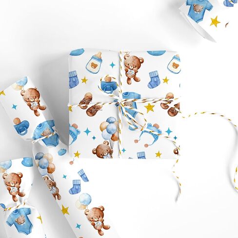 JarThenaAMCS Bear Baby Boy ورق التغليف - لفة صغيرة - 17 بوصة × 32.8 قدم ألوان مائية زرقاء بنية لطيفة بالون الدب حبل الغسيل ورق تغليف الهدايا لاستحمام الطفل وعيد الميلاد وكشف الجنس عن الحرف اليدوية اليدوية in Kuwait