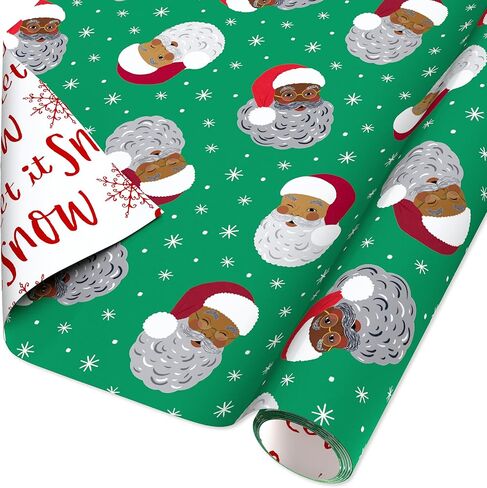 American Greetings Reversible African American Santa Christmas Wrapping Paper Roll, Red, White and Green Holiday Gift Wrap (60 sq. ft., 1 Standard Roll Wrap-30 in. x 24 ft.) Stripes and Solid Green in Saudi Arabia