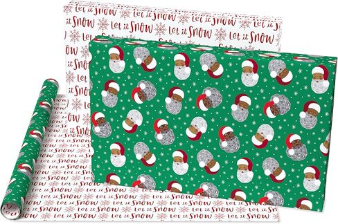 American Greetings Reversible African American Santa Christmas Wrapping Paper Roll, Red, White and Green Holiday Gift Wrap (60 sq. ft., 1 Standard Roll Wrap-30 in. x 24 ft.) Stripes and Solid Green in Saudi Arabia