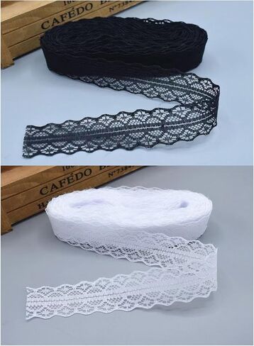 DIY شريط دانتيل لفة زهرة نسيج شريط دانتيل تقليم الخياطة الحرف الدانتيل لتزيين الزفاف، باقة، وتغليف الهدايا 50 ياردة أبيض وأسود in Saudi Arabia