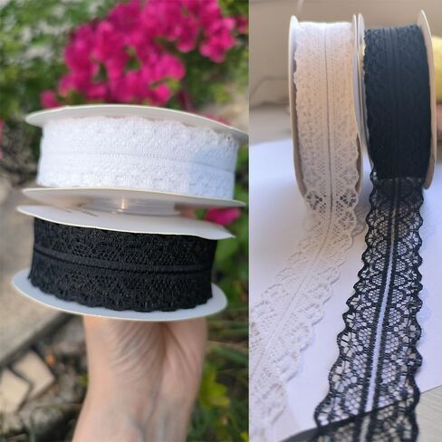 DIY شريط دانتيل لفة زهرة نسيج شريط دانتيل تقليم الخياطة الحرف الدانتيل لتزيين الزفاف، باقة، وتغليف الهدايا 50 ياردة أبيض وأسود in Saudi Arabia