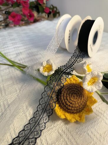 DIY شريط دانتيل لفة زهرة نسيج شريط دانتيل تقليم الخياطة الحرف الدانتيل لتزيين الزفاف، باقة، وتغليف الهدايا 50 ياردة أبيض وأسود in Saudi Arabia
