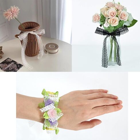 DIY شريط دانتيل لفة زهرة نسيج شريط دانتيل تقليم الخياطة الحرف الدانتيل لتزيين الزفاف، باقة، وتغليف الهدايا 50 ياردة أبيض وأسود in Saudi Arabia