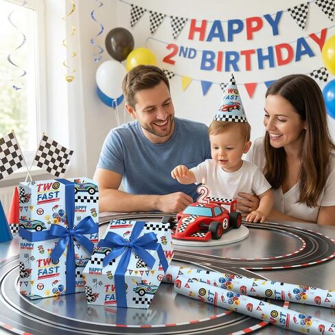 joviwrap سباق السيارات 2 عيد ميلاد لفة ورق التغليف للصبي، اثنين من العمر السريع 2 هدية التفاف، 2 سنة هدية فن التعبئة ورقة لسباق تحت عنوان استحمام الطفل حفلة عيد ميلاد، 17 بوصة × 16.5 قدم in Kuwait