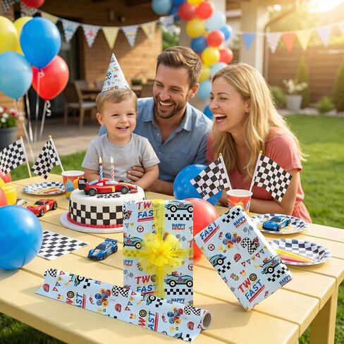 joviwrap سباق السيارات 2 عيد ميلاد لفة ورق التغليف للصبي، اثنين من العمر السريع 2 هدية التفاف، 2 سنة هدية فن التعبئة ورقة لسباق تحت عنوان استحمام الطفل حفلة عيد ميلاد، 17 بوصة × 16.5 قدم in Kuwait