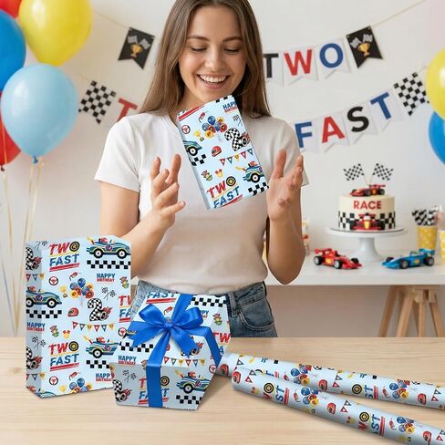 joviwrap سباق السيارات 2 عيد ميلاد لفة ورق التغليف للصبي، اثنين من العمر السريع 2 هدية التفاف، 2 سنة هدية فن التعبئة ورقة لسباق تحت عنوان استحمام الطفل حفلة عيد ميلاد، 17 بوصة × 16.5 قدم in Kuwait