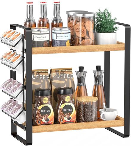 LEMIKKLE Coffee Station Organizer with Pod Holder and Drawer, Kitchen Countertop Organizer, Coffee Bar Accessories Station with Coffee Pod Storage, 2-Tier Wood Coffee Organizer With 6 Hooks in Kuwait