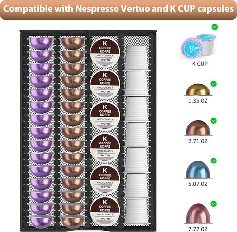 Nespresso Pods Holder, K Cup Holder, Coffee Pod Holder Organizer Compatible with Nespresso Vertuo Capsules, Holds 60 Small or 40 Large Pods, Black in Kuwait