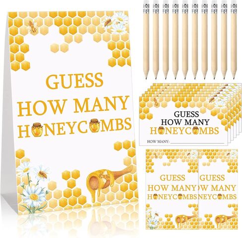 Fumete 63 Pcs Bee Baby Shower Games Include Guess How Many Honeycombs Sign and 50 Guessing Cards with 10 Pencils and 2 Honeycomb Bottle Stickers for Baby Shower Birthday Theme Party Decorations in Kuwait