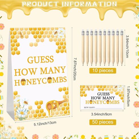 Fumete 63 Pcs Bee Baby Shower Games Include Guess How Many Honeycombs Sign and 50 Guessing Cards with 10 Pencils and 2 Honeycomb Bottle Stickers for Baby Shower Birthday Theme Party Decorations in Kuwait