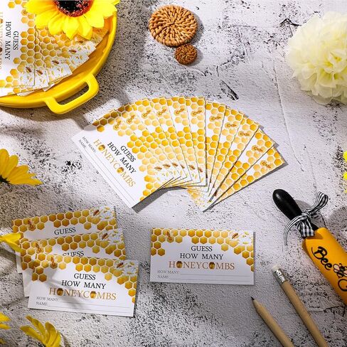 Fumete 63 Pcs Bee Baby Shower Games Include Guess How Many Honeycombs Sign and 50 Guessing Cards with 10 Pencils and 2 Honeycomb Bottle Stickers for Baby Shower Birthday Theme Party Decorations in Kuwait