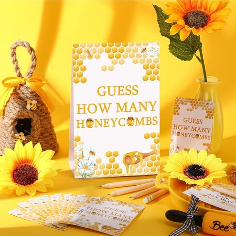 Fumete 63 Pcs Bee Baby Shower Games Include Guess How Many Honeycombs Sign and 50 Guessing Cards with 10 Pencils and 2 Honeycomb Bottle Stickers for Baby Shower Birthday Theme Party Decorations in Kuwait