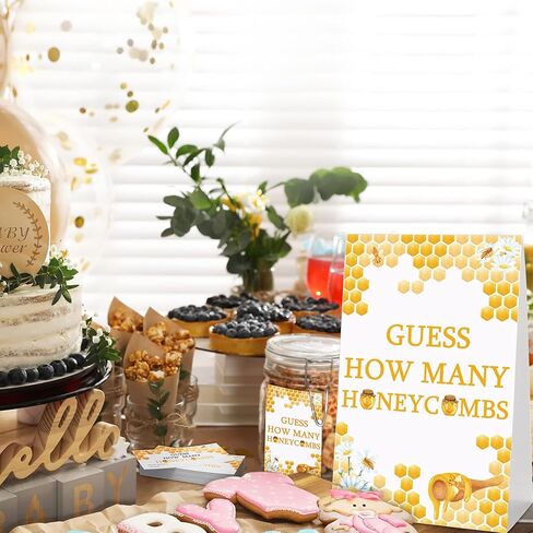 Fumete 63 Pcs Bee Baby Shower Games Include Guess How Many Honeycombs Sign and 50 Guessing Cards with 10 Pencils and 2 Honeycomb Bottle Stickers for Baby Shower Birthday Theme Party Decorations in Kuwait
