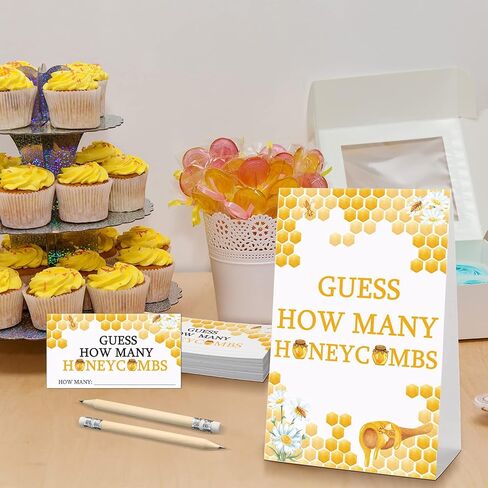Fumete 63 Pcs Bee Baby Shower Games Include Guess How Many Honeycombs Sign and 50 Guessing Cards with 10 Pencils and 2 Honeycomb Bottle Stickers for Baby Shower Birthday Theme Party Decorations in Kuwait