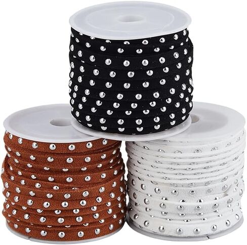 3 Rolls Faux Suede String 5mm Wide Studded Faux Suede Cord Flat Beading String Lace with Gold Rivets for Jewelry Making Tassel Macrame Dress Purse Home Decor(Saddle Brown Black White) in Saudi Arabia