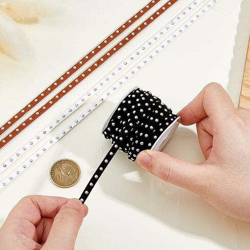 3 Rolls Faux Suede String 5mm Wide Studded Faux Suede Cord Flat Beading String Lace with Gold Rivets for Jewelry Making Tassel Macrame Dress Purse Home Decor(Saddle Brown Black White) in Saudi Arabia