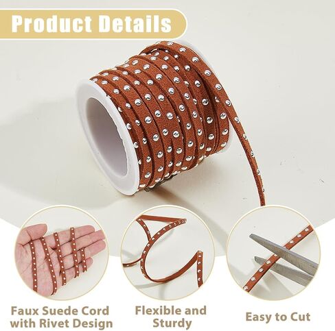 3 Rolls Faux Suede String 5mm Wide Studded Faux Suede Cord Flat Beading String Lace with Gold Rivets for Jewelry Making Tassel Macrame Dress Purse Home Decor(Saddle Brown Black White) in Saudi Arabia