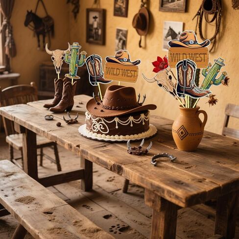 أعواد مركزية من Wild West مكونة من 12 قطعة من دعامات كشك تصوير رعاة البقر وراعية البقر وأغطية الطاولة/الكعك لحفلات استقبال المولود الجديد/حفلات أعياد الميلاد بطابع الغرب المتوحش in Kuwait