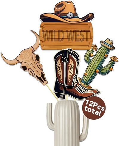 أعواد مركزية من Wild West مكونة من 12 قطعة من دعامات كشك تصوير رعاة البقر وراعية البقر وأغطية الطاولة/الكعك لحفلات استقبال المولود الجديد/حفلات أعياد الميلاد بطابع الغرب المتوحش in Kuwait