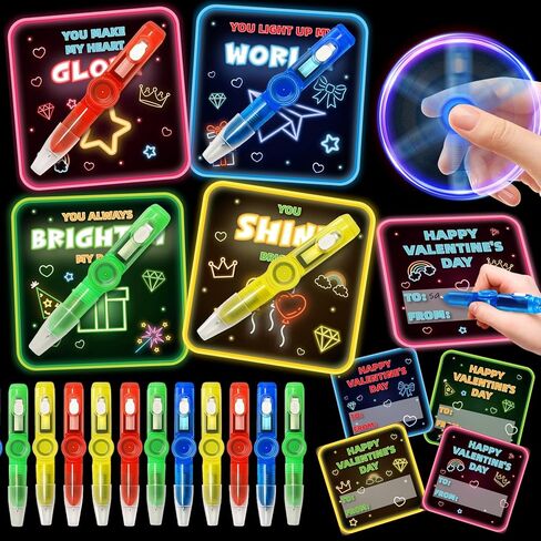 Duchong Valentines Day Cards for Kids School, 28 Packs Spin Glow Pen Toys with Greeting Cards, Valentine Kids Party Favor, Classroom Exchange Prizes, Ideal Valentines Rewards Gifts for Boys Girls in Saudi Arabia