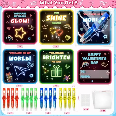 Duchong Valentines Day Cards for Kids School, 28 Packs Spin Glow Pen Toys with Greeting Cards, Valentine Kids Party Favor, Classroom Exchange Prizes, Ideal Valentines Rewards Gifts for Boys Girls in Saudi Arabia