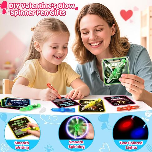 Duchong Valentines Day Cards for Kids School, 28 Packs Spin Glow Pen Toys with Greeting Cards, Valentine Kids Party Favor, Classroom Exchange Prizes, Ideal Valentines Rewards Gifts for Boys Girls in Saudi Arabia