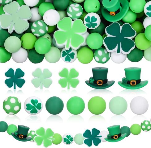 120Pcs St. Patrick's Day Silicone Beads Shamrock Clover Hat Shape Focal Beads Green White Round Loose Beads for DIY Making Bracelet Necklace Irish Holiday Decor in Saudi Arabia
