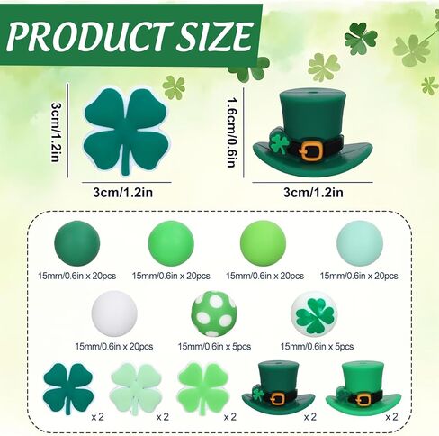120Pcs St. Patrick's Day Silicone Beads Shamrock Clover Hat Shape Focal Beads Green White Round Loose Beads for DIY Making Bracelet Necklace Irish Holiday Decor in Saudi Arabia