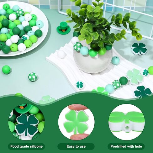 120Pcs St. Patrick's Day Silicone Beads Shamrock Clover Hat Shape Focal Beads Green White Round Loose Beads for DIY Making Bracelet Necklace Irish Holiday Decor in Saudi Arabia