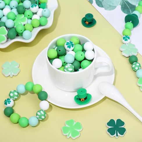 120Pcs St. Patrick's Day Silicone Beads Shamrock Clover Hat Shape Focal Beads Green White Round Loose Beads for DIY Making Bracelet Necklace Irish Holiday Decor in Saudi Arabia