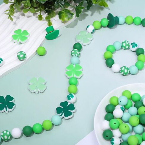 120Pcs St. Patrick's Day Silicone Beads Shamrock Clover Hat Shape Focal Beads Green White Round Loose Beads for DIY Making Bracelet Necklace Irish Holiday Decor in Saudi Arabia