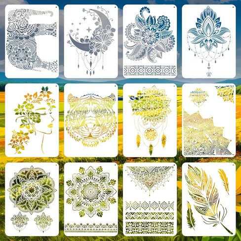 12 PCS Large Mandala Stencils Reusable Floral Moon Mandala Templates Vintage Flower Stencil for Painting on Floor Wood Wall Tile Fabric Furniture DIY Crafts Home Decor 8.3 x 11.7 Inch, A4 Size in Saudi Arabia