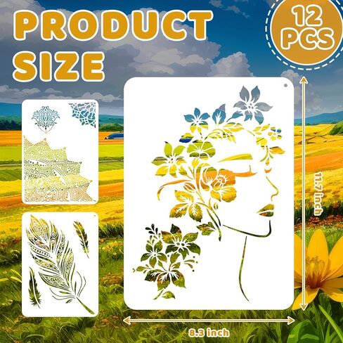12 PCS Large Mandala Stencils Reusable Floral Moon Mandala Templates Vintage Flower Stencil for Painting on Floor Wood Wall Tile Fabric Furniture DIY Crafts Home Decor 8.3 x 11.7 Inch, A4 Size in Saudi Arabia