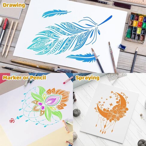 12 PCS Large Mandala Stencils Reusable Floral Moon Mandala Templates Vintage Flower Stencil for Painting on Floor Wood Wall Tile Fabric Furniture DIY Crafts Home Decor 8.3 x 11.7 Inch, A4 Size in Saudi Arabia