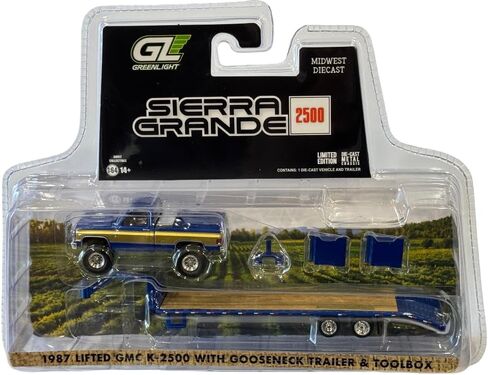 Greenlight Midwest Diecast Exclusive Lifted 1987 GMC Sierra K-2500 with Gooseneck Trailer Blue/Gold 1/64 Scale in Saudi Arabia